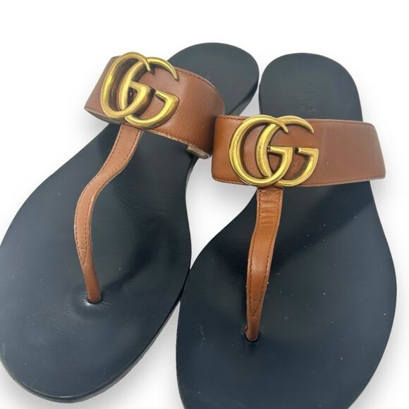 Gucci GG Marmont Thong Flat Leather Sandals Black Cognac Brown 36.5 Women’s - Picture 4 of 14